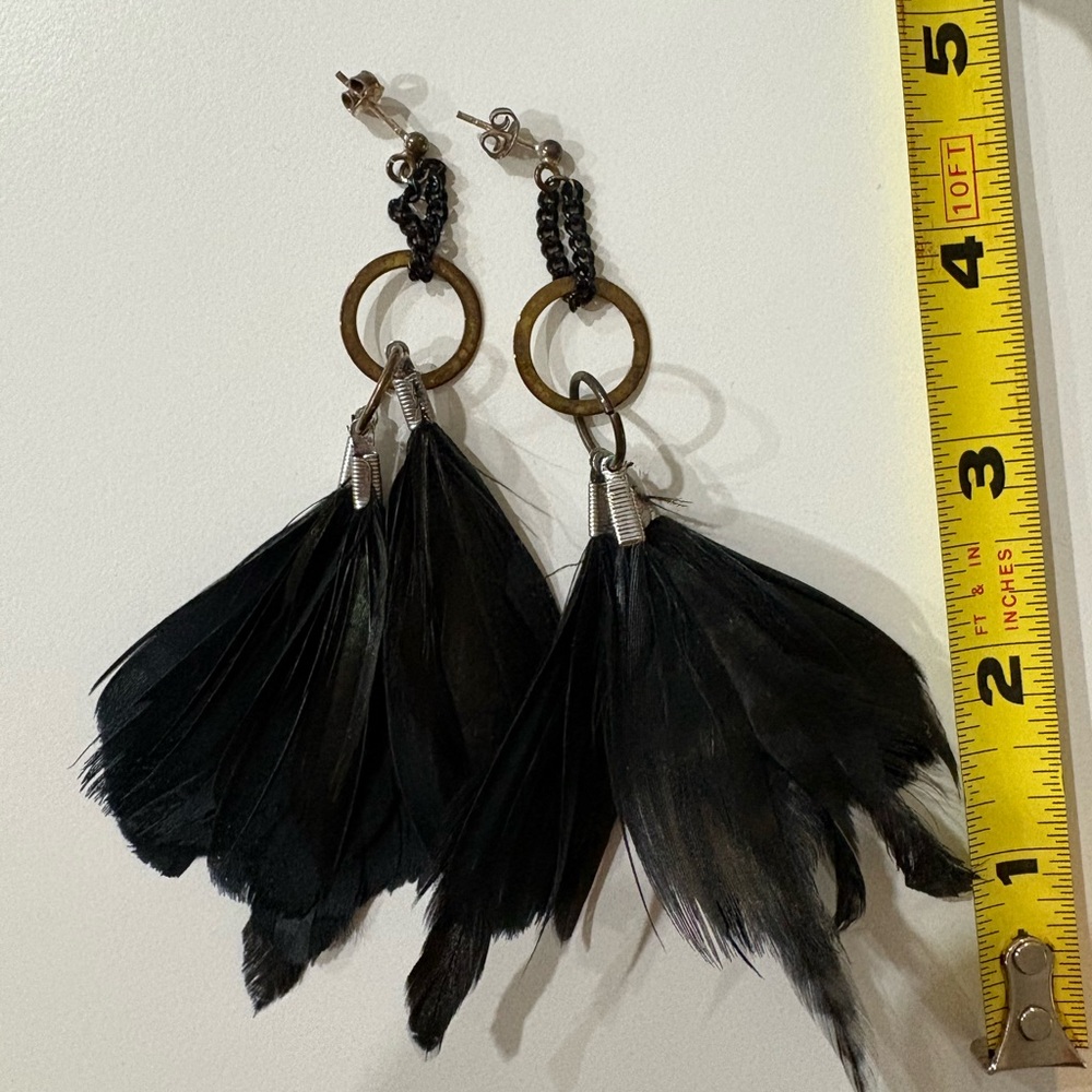 Black Feather & Mixed Metal Earrings